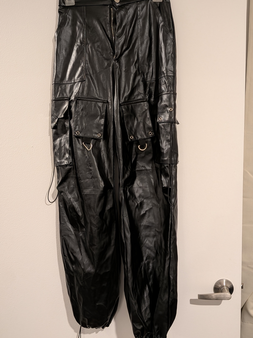 Black Faux Leather Cargo Joggers with Utility Rings